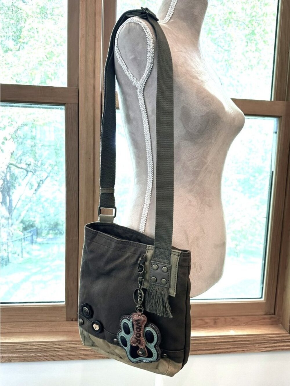 Chala Dog Paw Canvas Crossbody Bag NWT Brown Green Vegan Messenger Purse - Picture 2 of 8